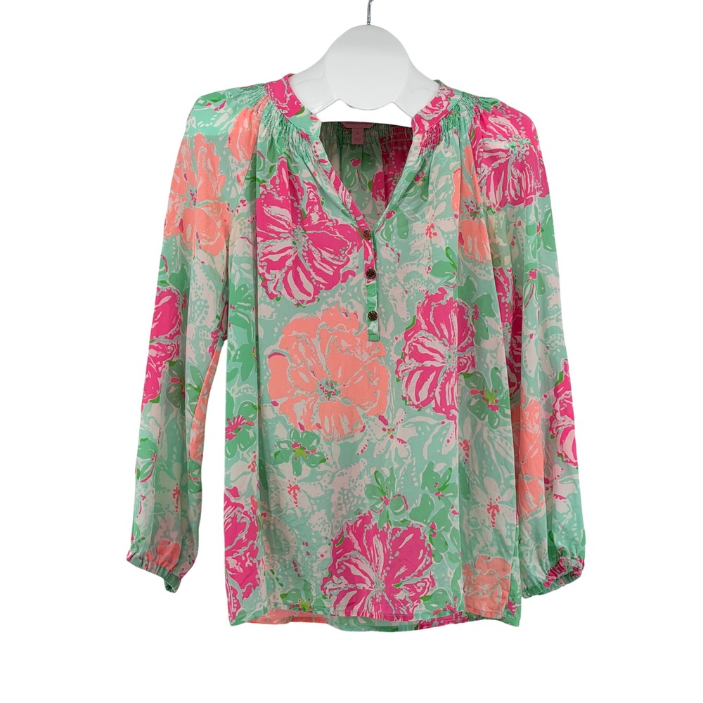 Lilly Pulitzer Elsa Blouse Women Medium Pink Green Silk Floral Long Sleeve Top